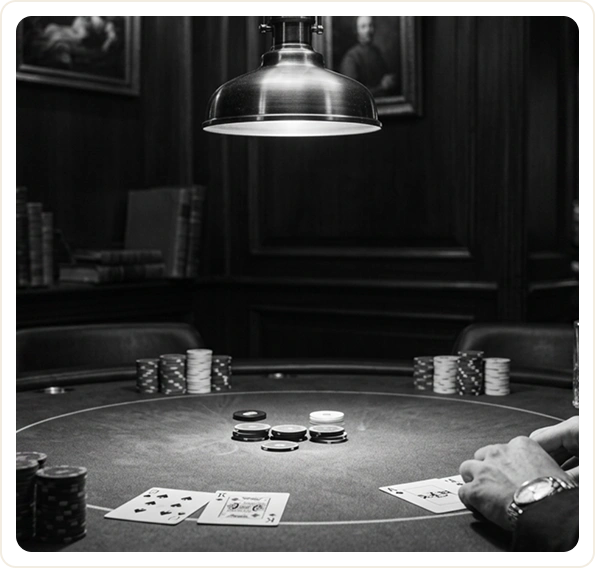 Een close-up shot van een pokertafel met fiches en kaarten, verlicht door een enkele, sfeervolle hanglamp. Een hand van een speler is zichtbaar, die een horloge draagt.