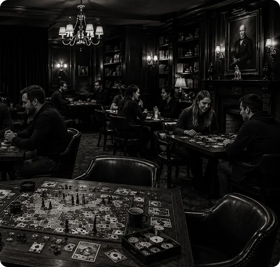 Dobostons Social Games Club interior with groups playing board games at tables.