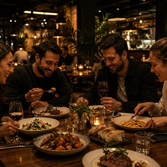 Vrienden genieten samen van een diner in een warm en stijlvol restaurant, met vers geserveerde gerechten en een ontspannen sociale sfeer.